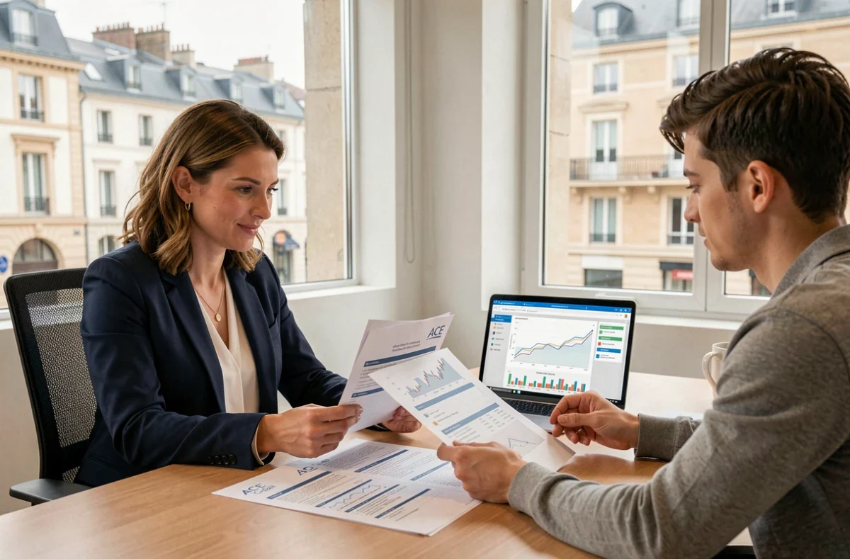 Conseillère d'ACE Crédit Pau présentant des offres de prêt immobilier à un couple dans un bureau moderne de la ville de Pau