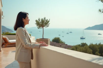 Femme sur la terrasse d'un appartement vue mer envisageant un achat immobilier en bord de mer