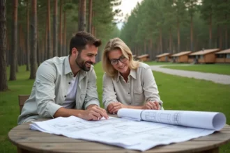 Couple d'entrepreneurs étudiant les plans d'un terrain de camping en plein air, entourés de pins