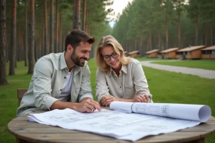 Couple d'entrepreneurs étudiant les plans d'un terrain de camping en plein air, entourés de pins