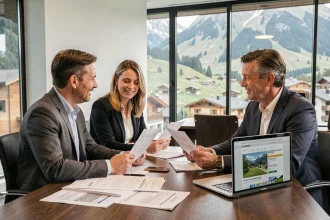 Couple rencontrant un conseiller bancaire pour financer l'achat d'un bien immobilier en Andorre