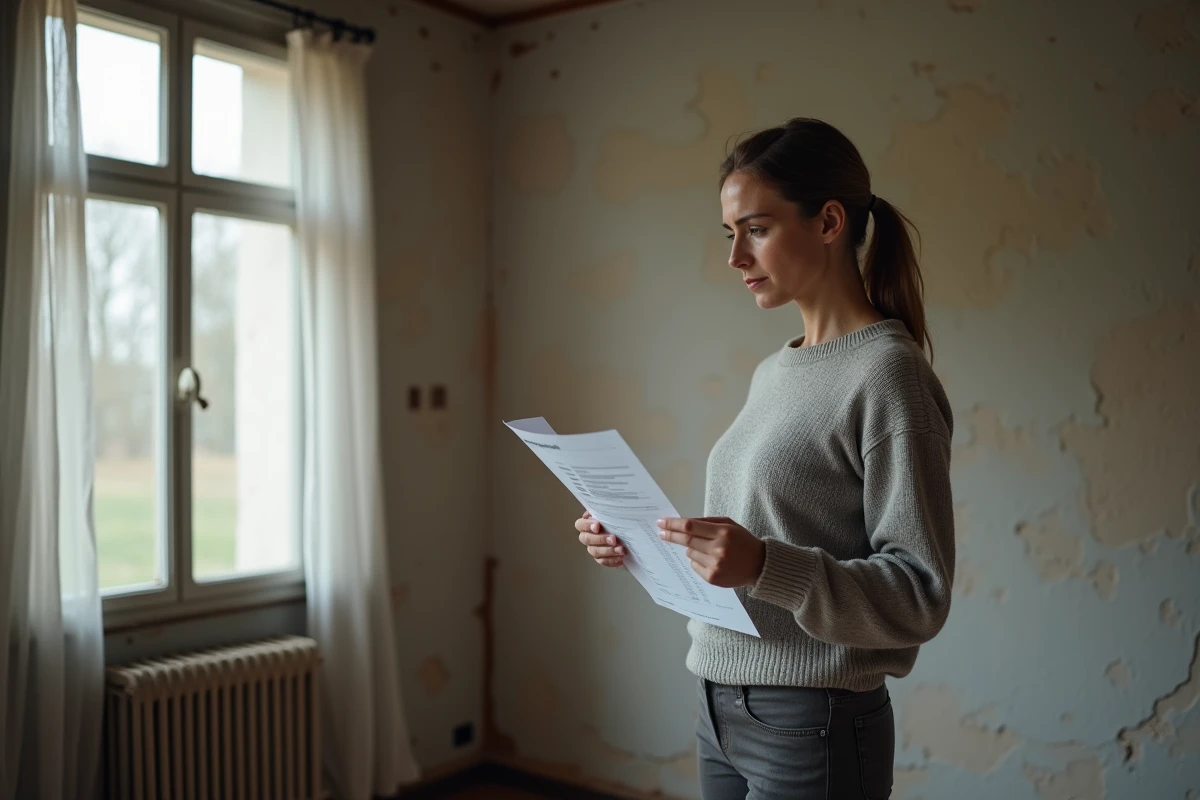 Femme lisant un rapport de diagnostic immobilier dans une maison construite en mâchefer