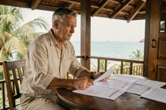 Acheteur étranger examinant des documents juridiques sur la terrasse d'une maison en bord de mer en Thaïlande