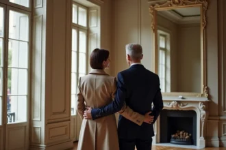 Couple d'acheteurs étrangers visitant un appartement haussmannien de prestige à Paris avec un agent immobilier Kretz