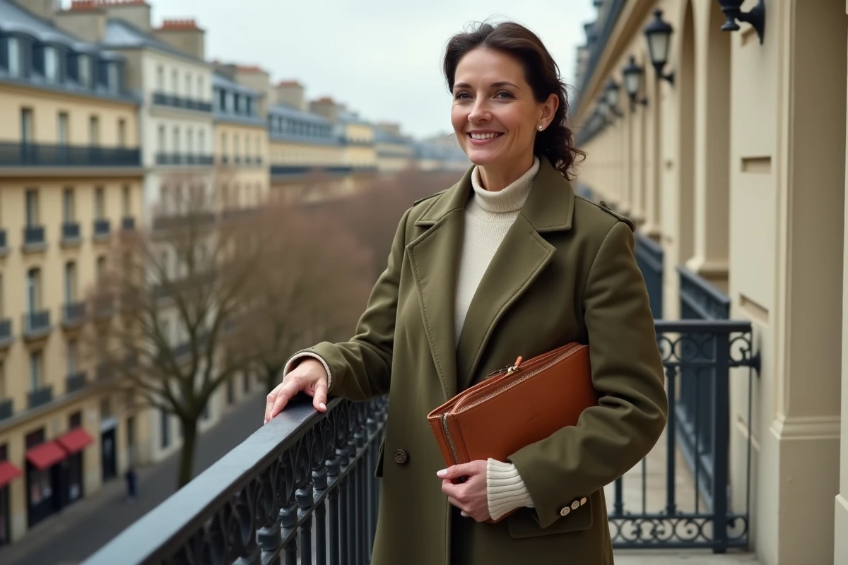 Acheteuse étrangère satisfaite sur un balcon parisien après l'acquisition d'un bien immobilier de prestige accompagnée par Kretz