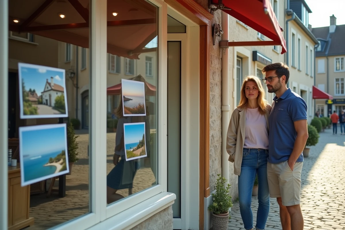 Couple consultant les annonces immobilières d'une agence dans un village côtier normand en 2026