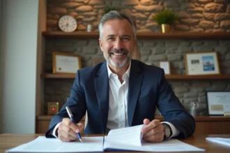 Agent immobilier andorran analysant des documents de rendement locatif dans un bureau notarial avec murs en pierre