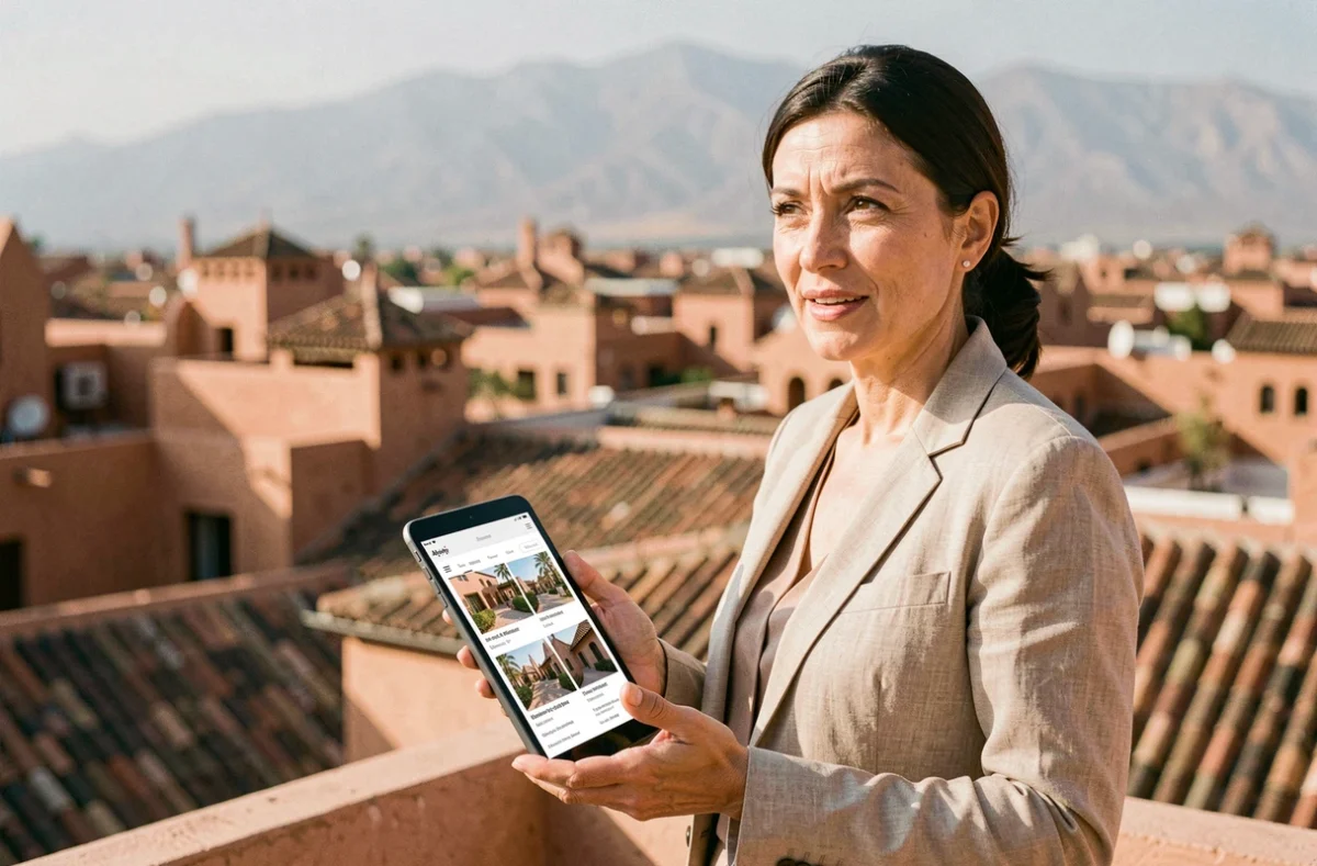 Agent immobilier présentant un appartement à vendre à Marrakech pour investissement locatif Airbnb depuis une terrasse avec vue sur la médina