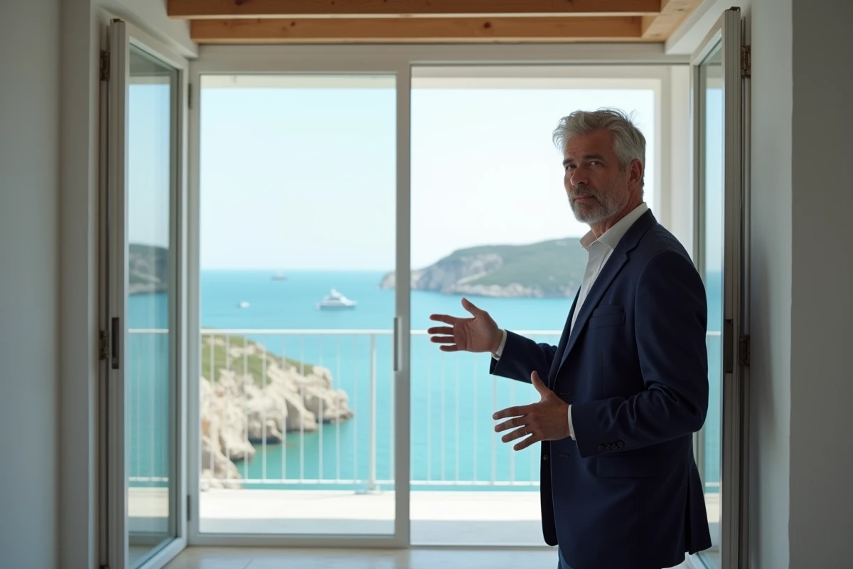 Agent immobilier présentant un appartement avec vue panoramique sur la mer à vendre