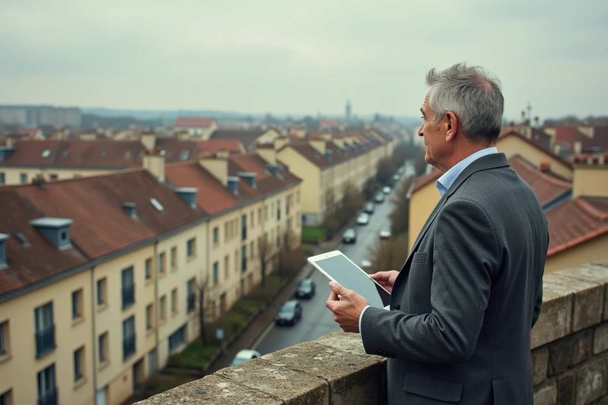 Agent immobilier observant une cité HLM des années 70 depuis un point de vue en hauteur à Blois