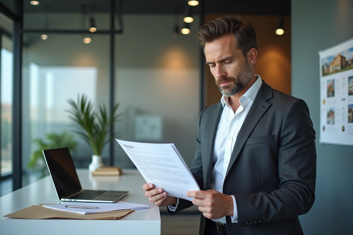 Agent immobilier lisant une lettre de motivation de candidature pour un appartement en agence