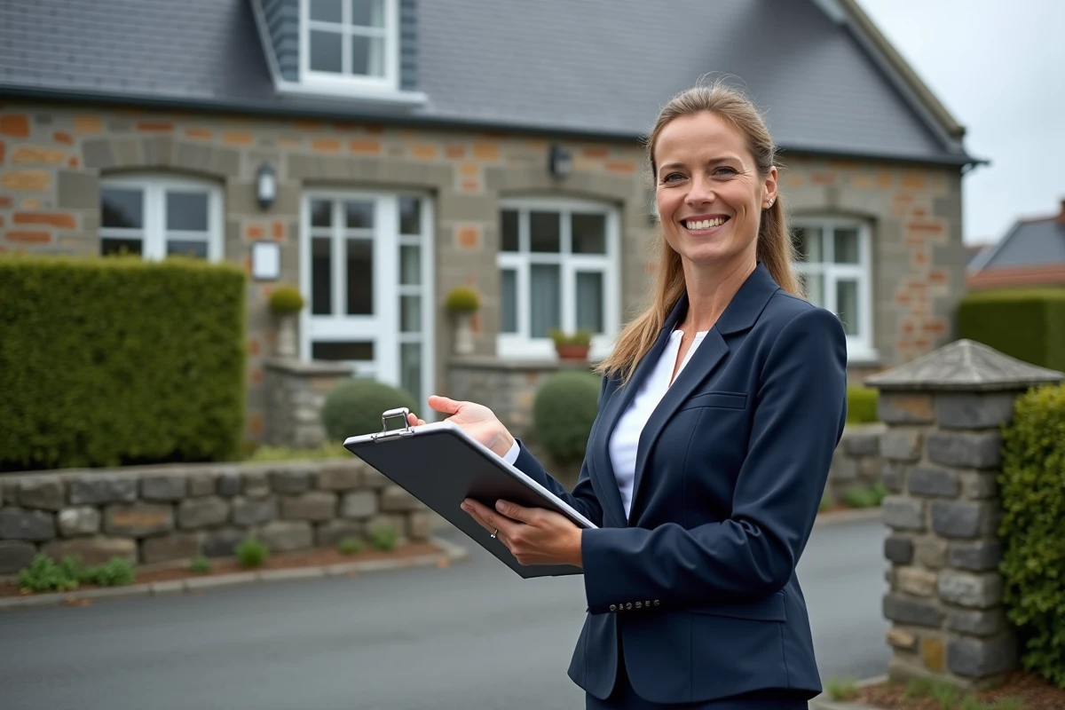 Agent immobilier présentant une maison en pierre bretonne à vendre en Finistère avec panneau de vente