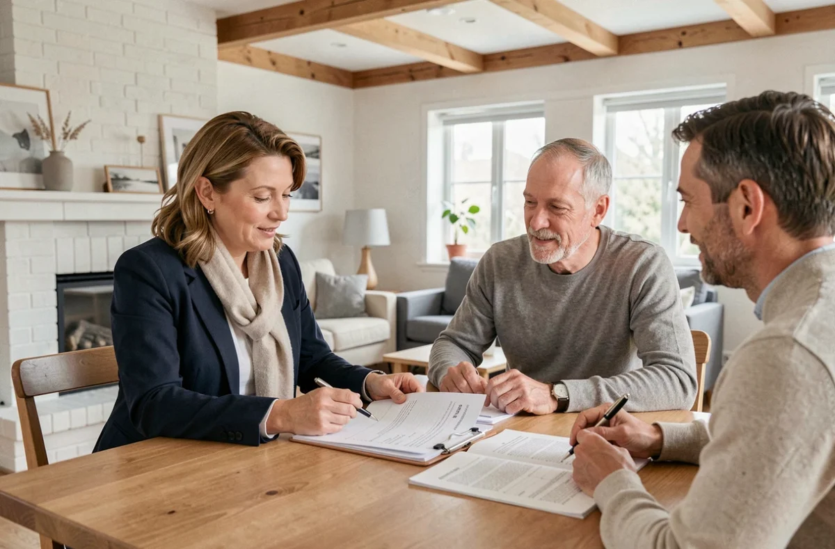 Agent immobilier suédoise présentant des documents d'achat à des acheteurs étrangers dans un intérieur scandinave