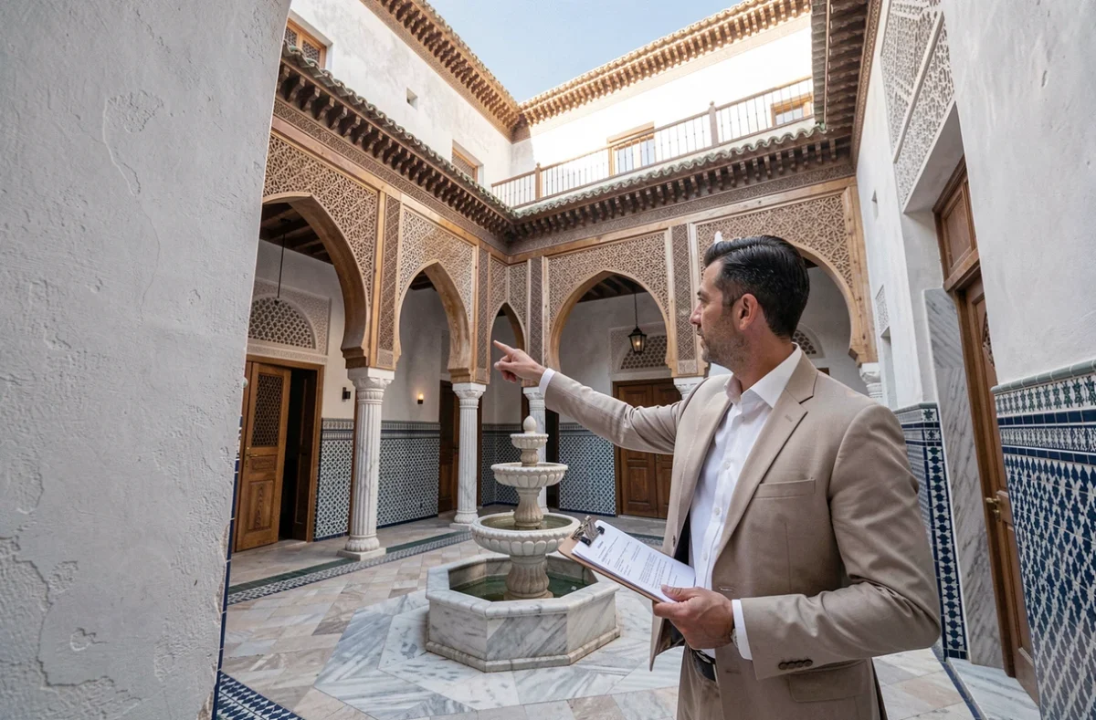 Agent immobilier inspectant la structure d'une villa traditionnelle à Marrakech Targa avant la vente