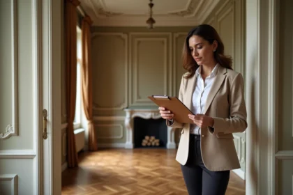 Agent immobilière de Caractere-immobilier.fr présentant un appartement haussmannien lyonnais avec parquet en chevrons et moulures d'époque