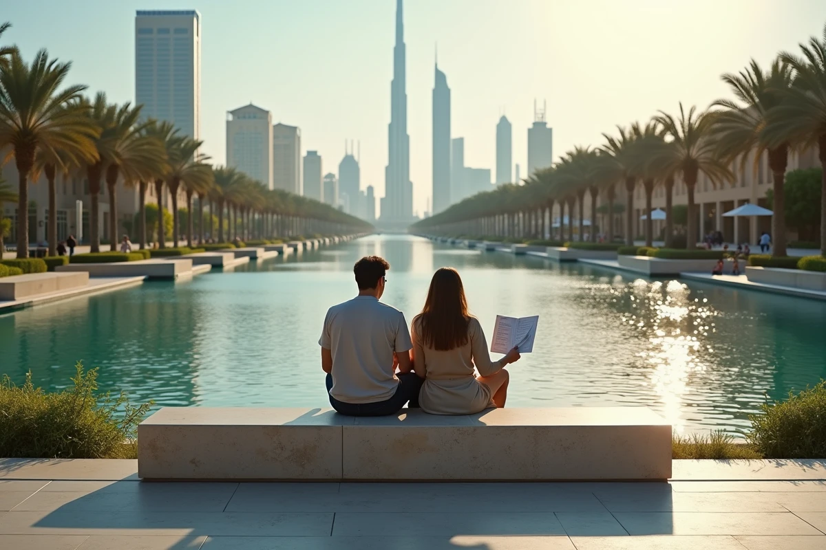 Deux amis discutant près du lac urbain Dubai