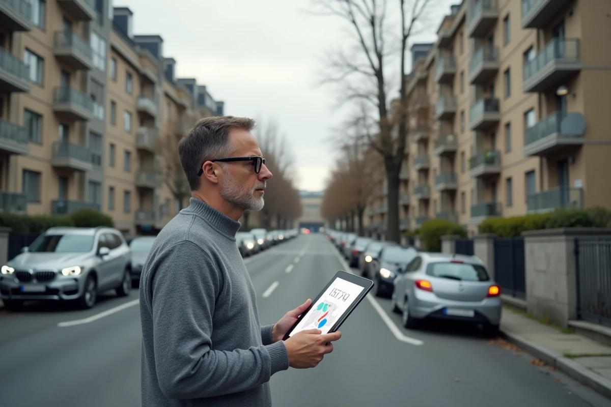 Homme analysant une carte de chaleur immobilière sur tablette devant des immeubles résidentiels dans un quartier en tension