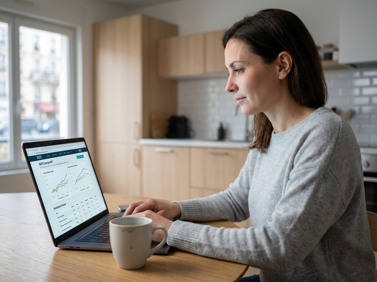 Femme analysant des performances de SCPI sur un ordinateur portable dans une cuisine moderne