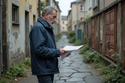 Analyste immobilier étudiant une carte dans un quartier dégradé de Blois avec des immeubles en mauvais état