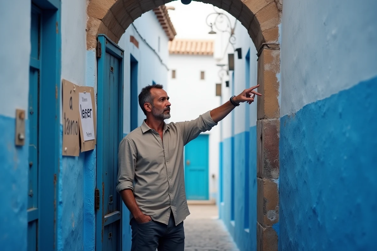 Homme expatrié repérant une annonce de location artisanale sur une porte bleue dans la médina d'Essaouira