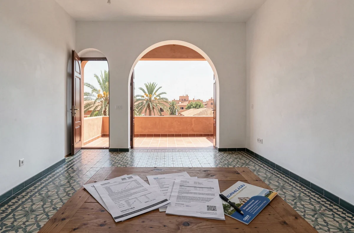 Appartement vide à vendre à Marrakech avec sol en zellige et terrasse donnant sur les toits de la médina, documents de financement posés sur une table