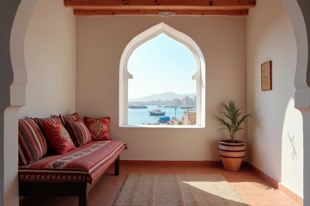 Intérieur d'un appartement meublé en location longue durée à Essaouira avec vue sur l'Atlantique