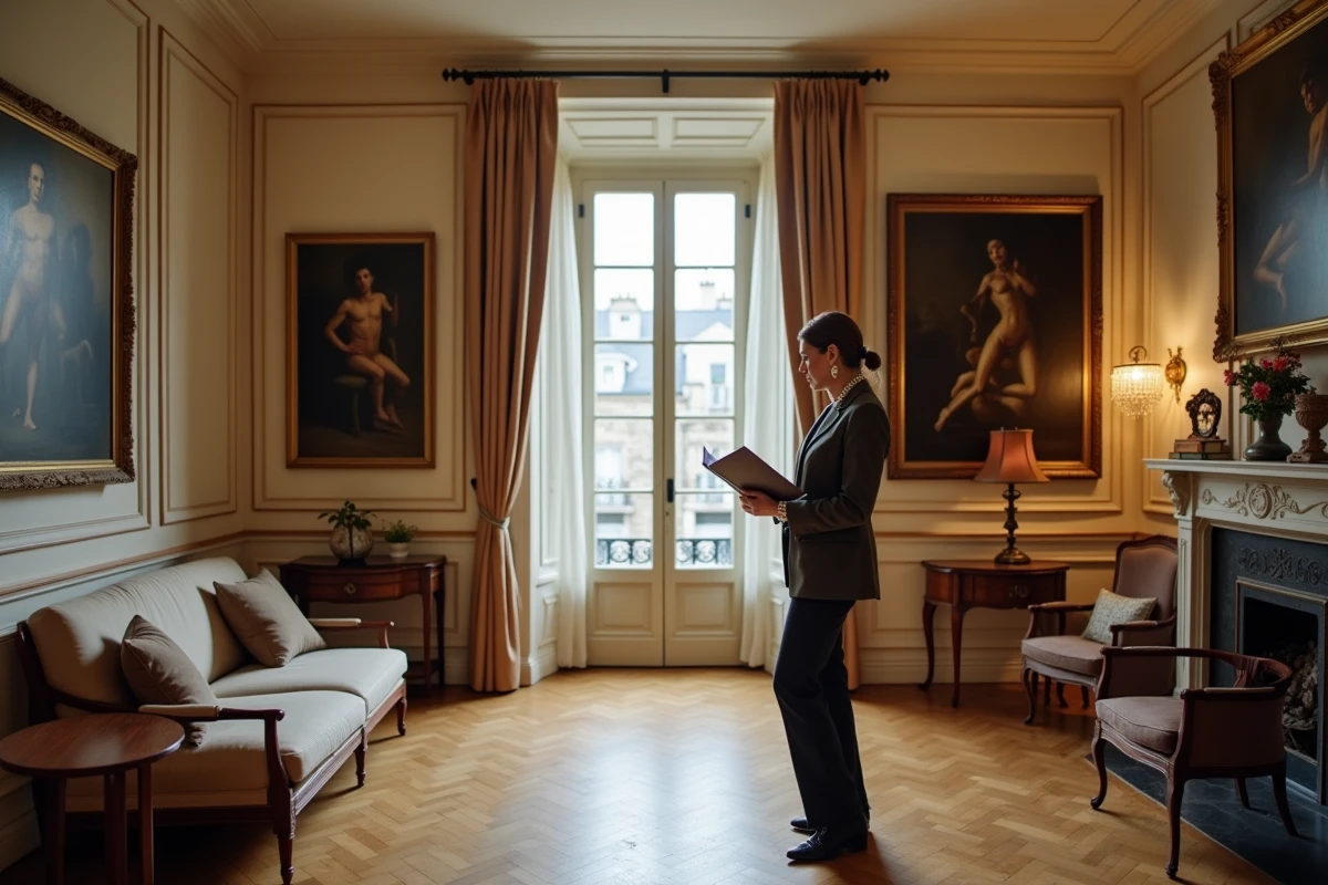 Intérieur luxueux d'un appartement haussmannien dans le 8e arrondissement de Paris avec parquet en chevrons et hauts plafonds moulurés