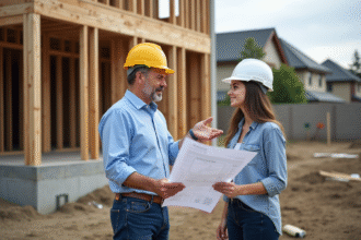 Architecte et cliente discutent sur un chantier résidentiel