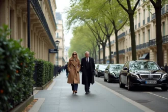 Boulevard haussmannien élégant du 16e arrondissement de Paris avec des façades en pierre ornées et un couple aisé se promenant sur le trottoir