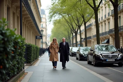 Boulevard haussmannien élégant du 16e arrondissement de Paris avec des façades en pierre ornées et un couple aisé se promenant sur le trottoir