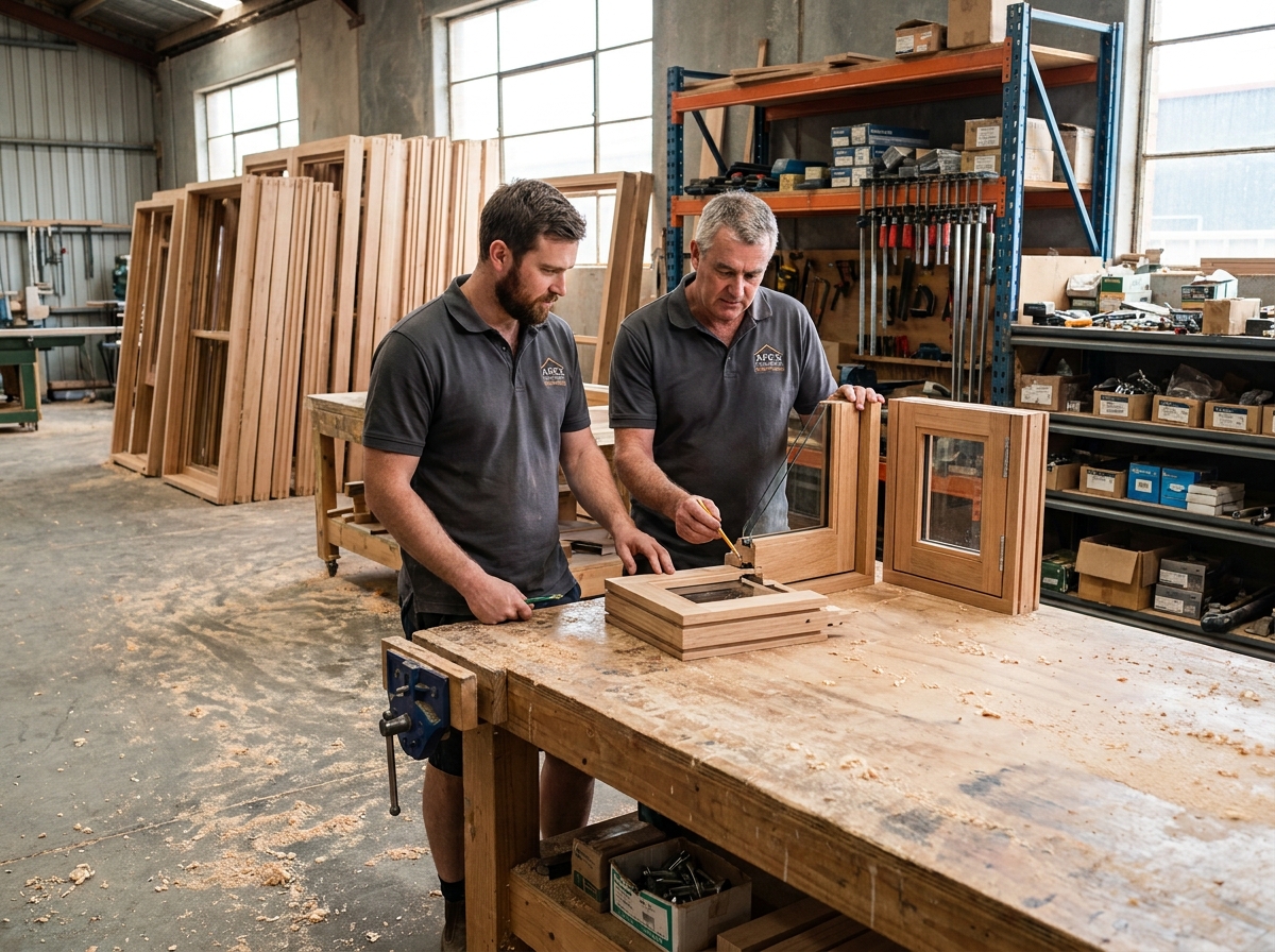 Deux menuisiers examinant des échantillons de fenêtres en bois dans un atelier professionnel à Lyon