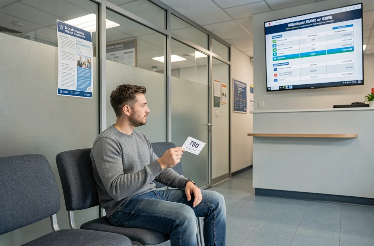 Homme attendant en salle d'attente d'un office HLM après passage en commission de logement