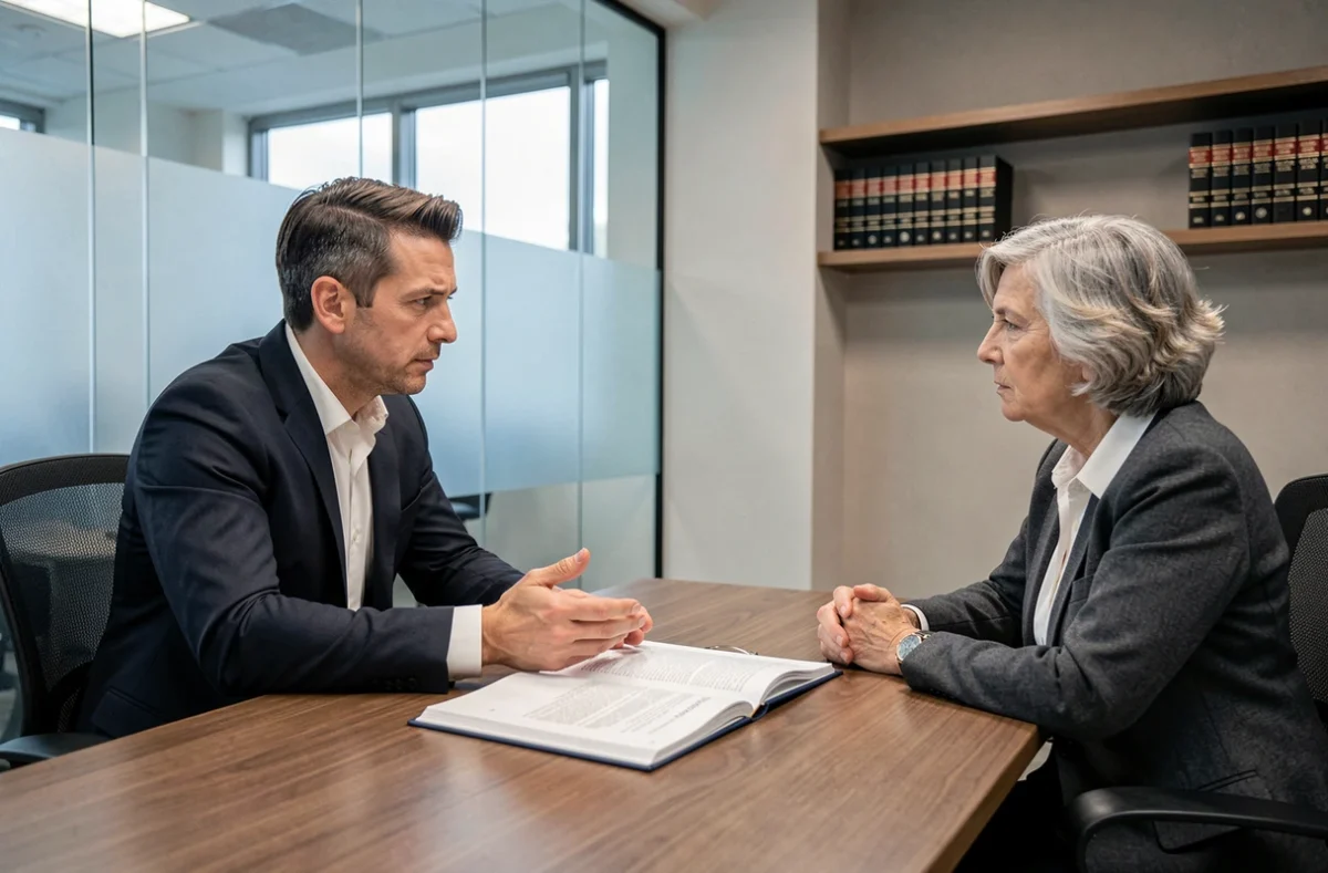 Avocat en droit immobilier expliquant les droits du locataire protégé selon l'article 15 à un couple de locataires âgés dans un cabinet juridique
