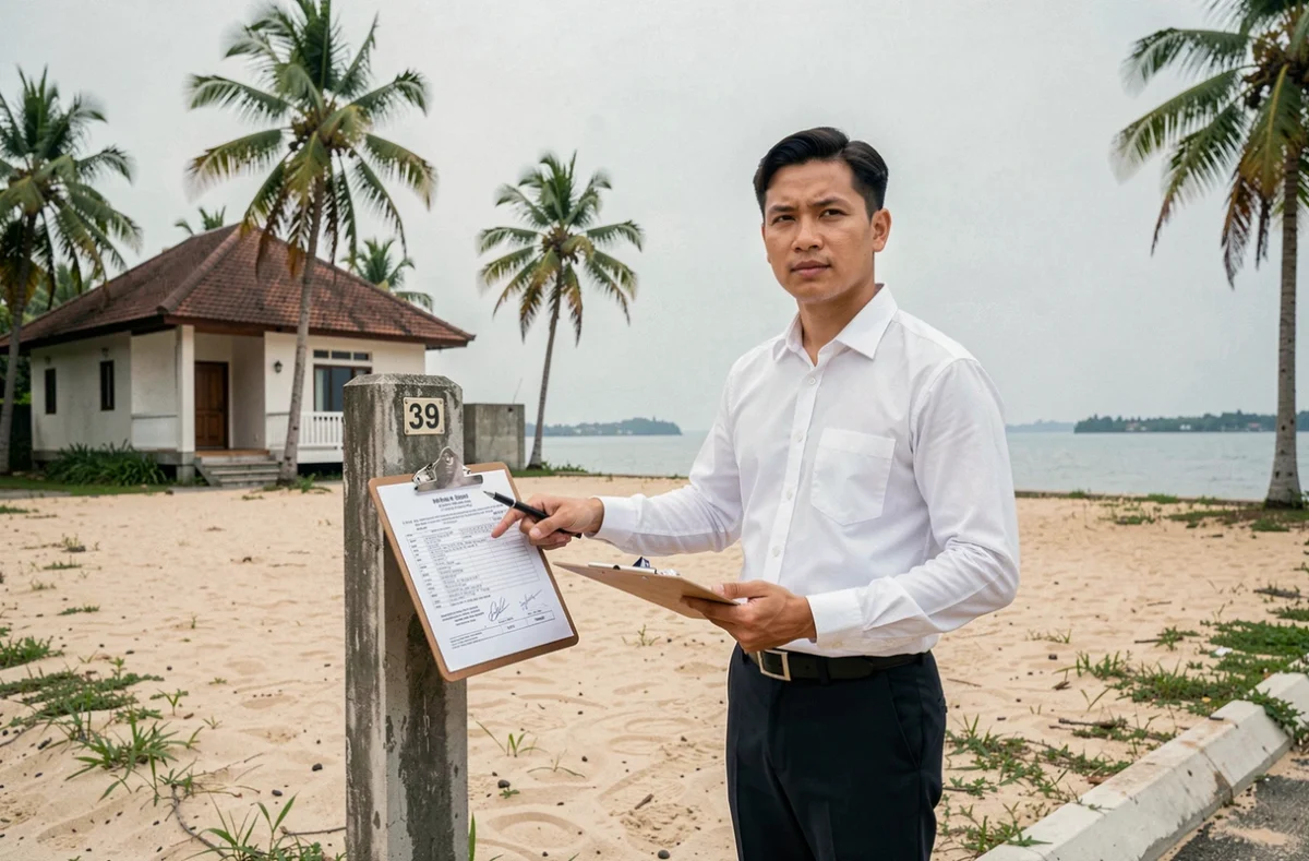 Avocat thaïlandais présentant un titre foncier devant une propriété en bord de mer à vendre en Thaïlande