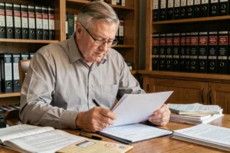 Bailleur âgé d'une cinquantaine d'années relisant attentivement un document juridique relatif à la loi du 6 juillet 1989 dans un bureau à domicile