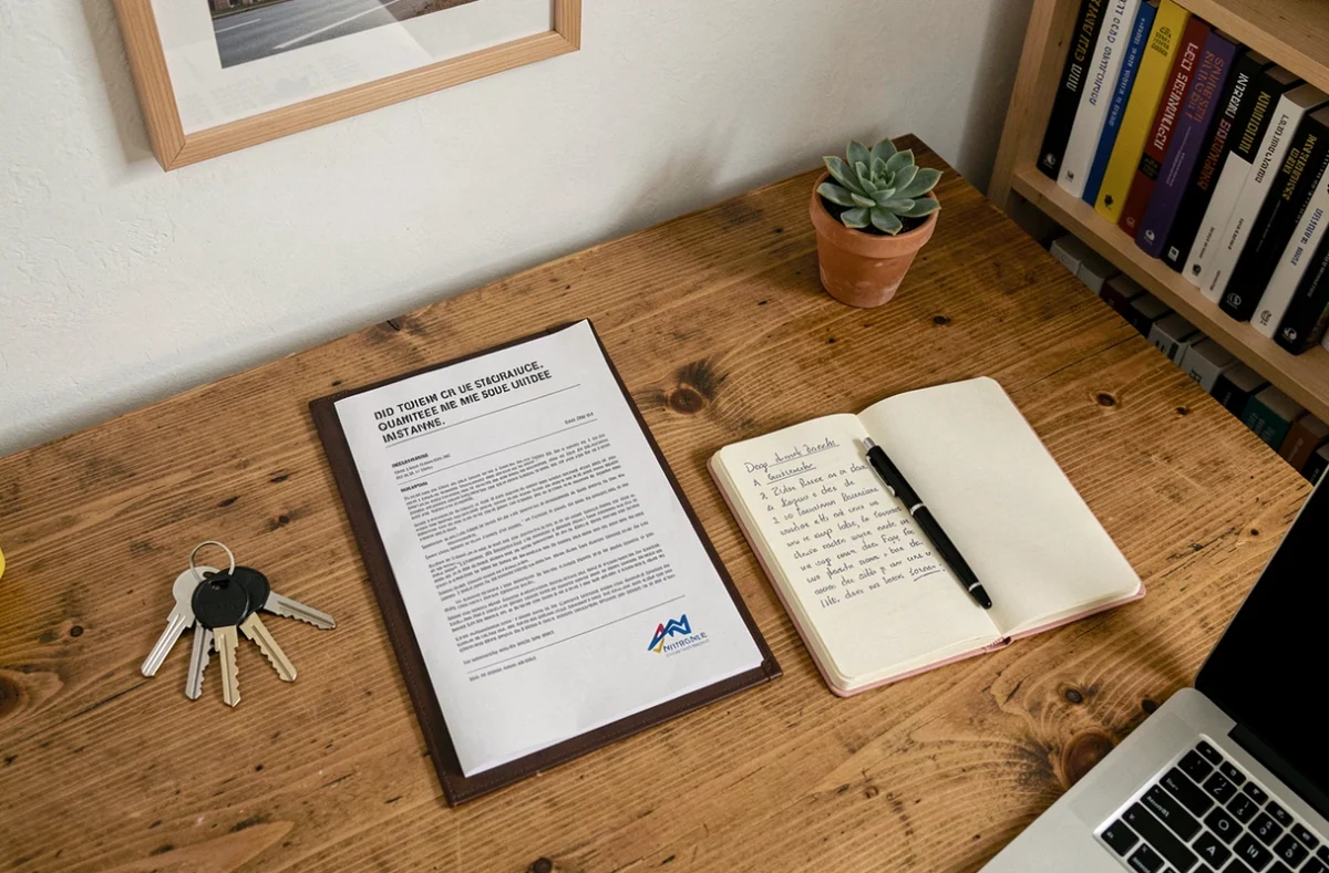 Bureau de locataire avec documents d'assurance habitation, clés d'appartement et notes manuscrites