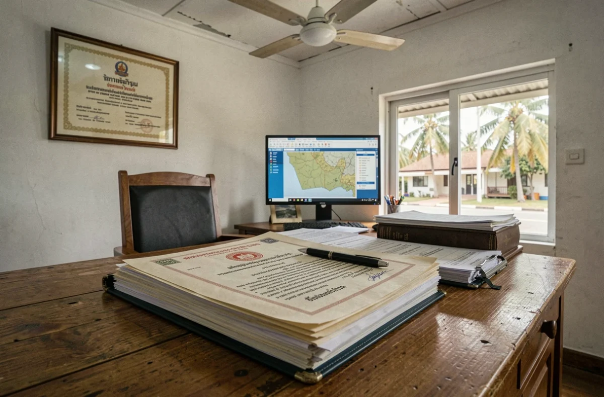 Bureau notarial en Thaïlande avec documents de propriété foncière Chanote et contrats immobiliers en bord de mer