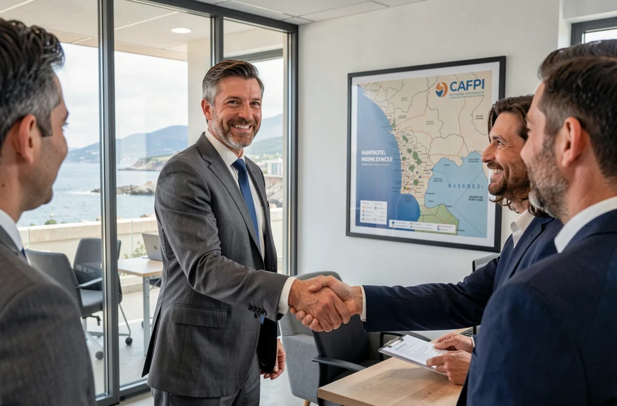 Courtier CAFPI à Biarritz-Bayonne finalisant un accord de prêt immobilier avec des clients satisfaits dans une agence moderne