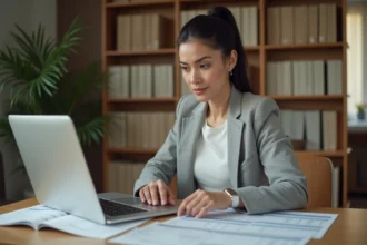 Femme consultant un tableau d'encadrement des loyers sur ordinateur portable dans un bureau à domicile