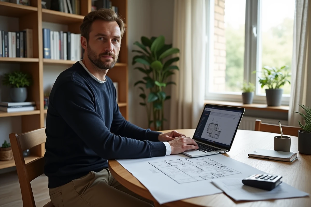 Homme calculant la surface en m2 d'un bien immobilier avec des plans cadastraux et une calculatrice
