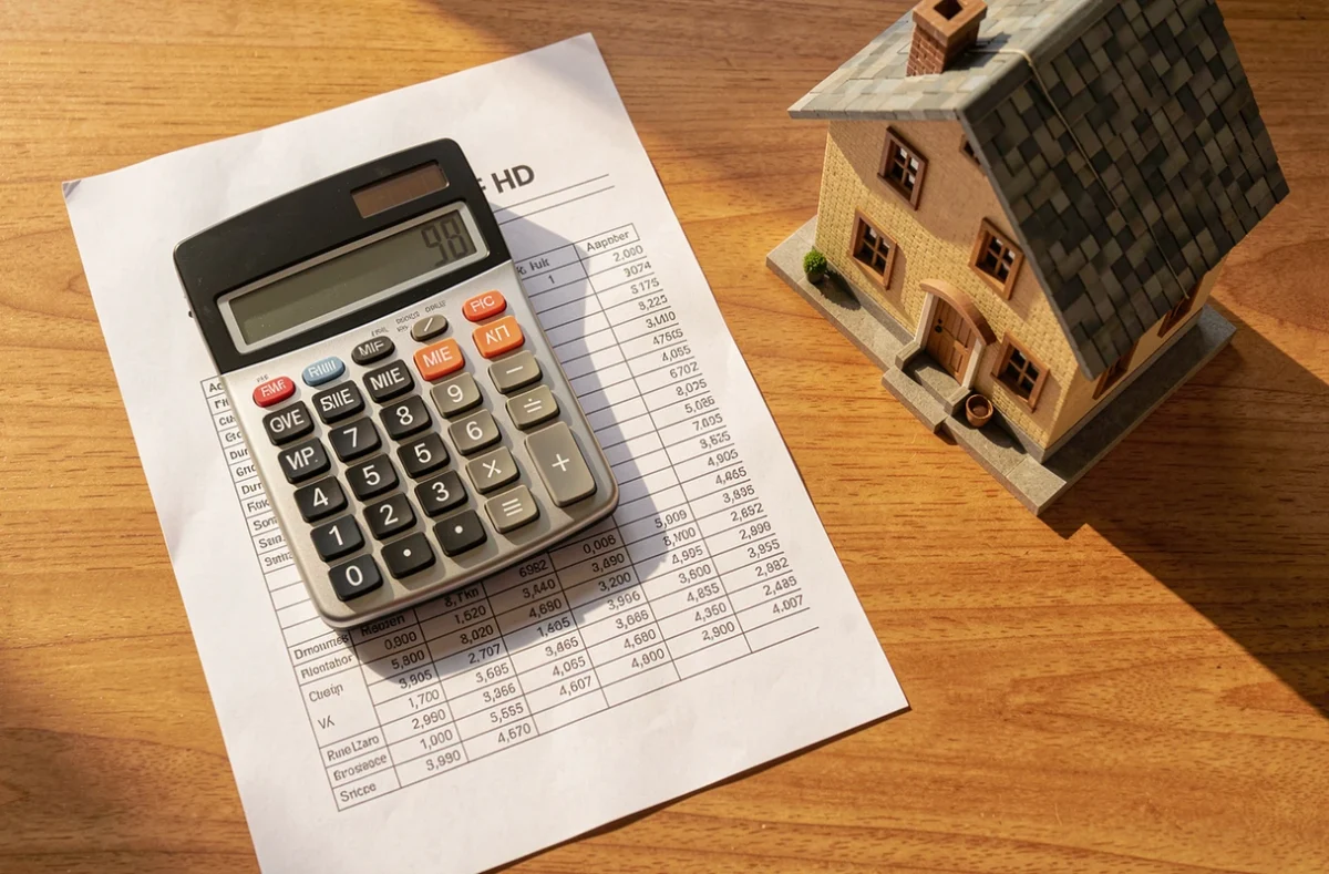 Calculatrice et tableau d'amortissement posés sur un bureau