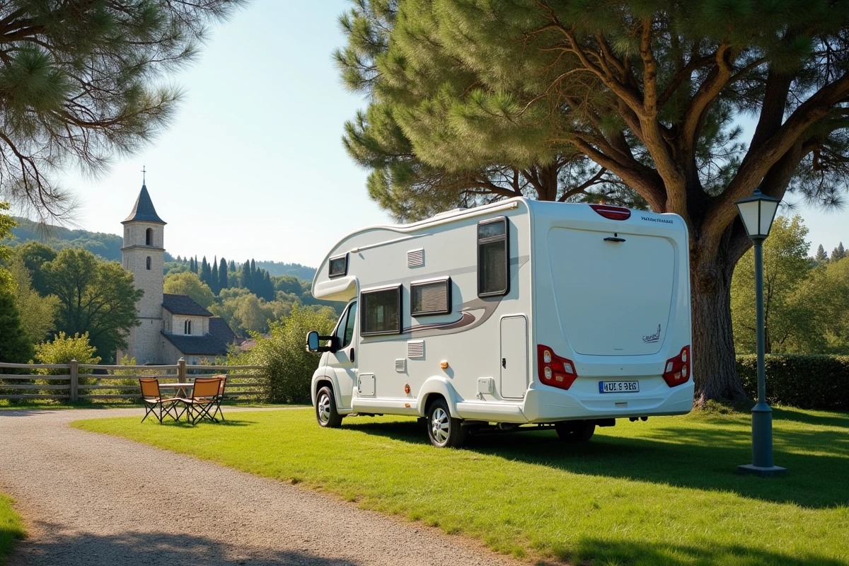 Caravane stationnée sur un terrain loué en village français avec vue sur des maisons traditionnelles
