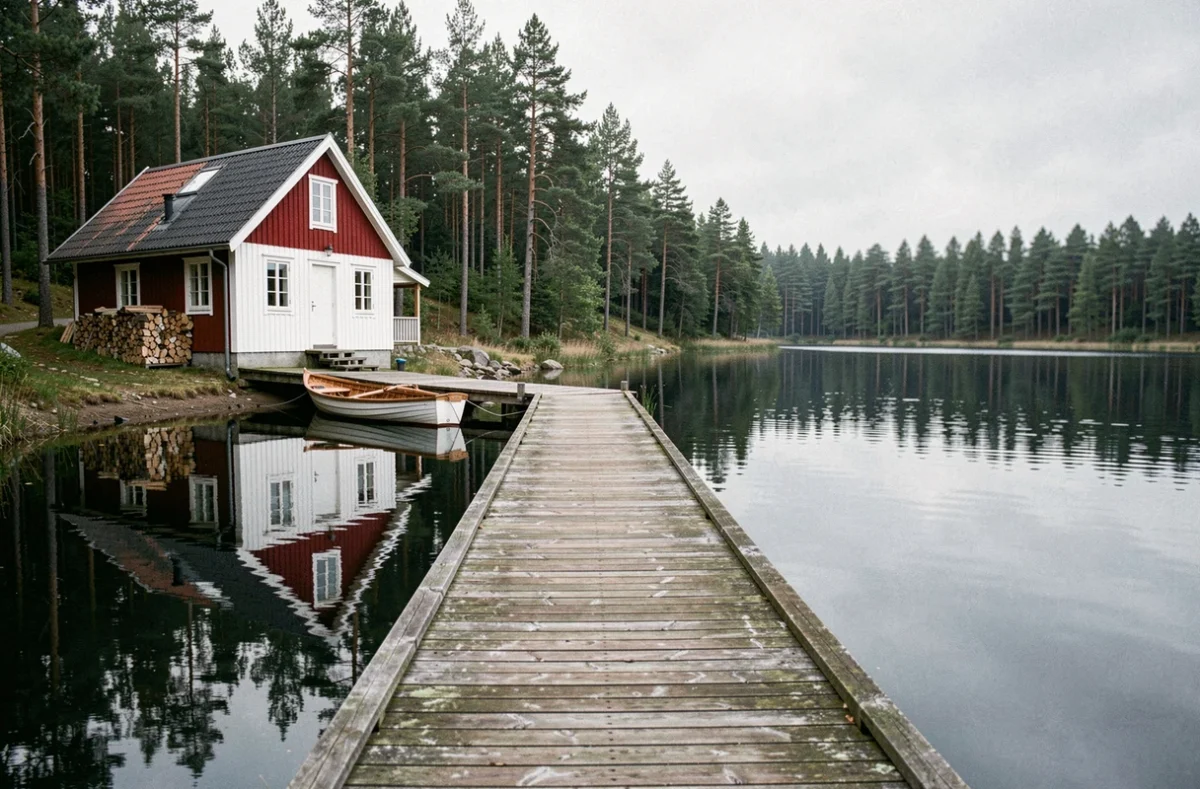 Chalet traditionnel suédois rouge au bord d'un lac calme entouré de forêt de pins avec un ponton en bois
