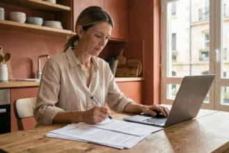 Femme consultant des documents d'assurance habitation sur une table en bois dans une cuisine moderne