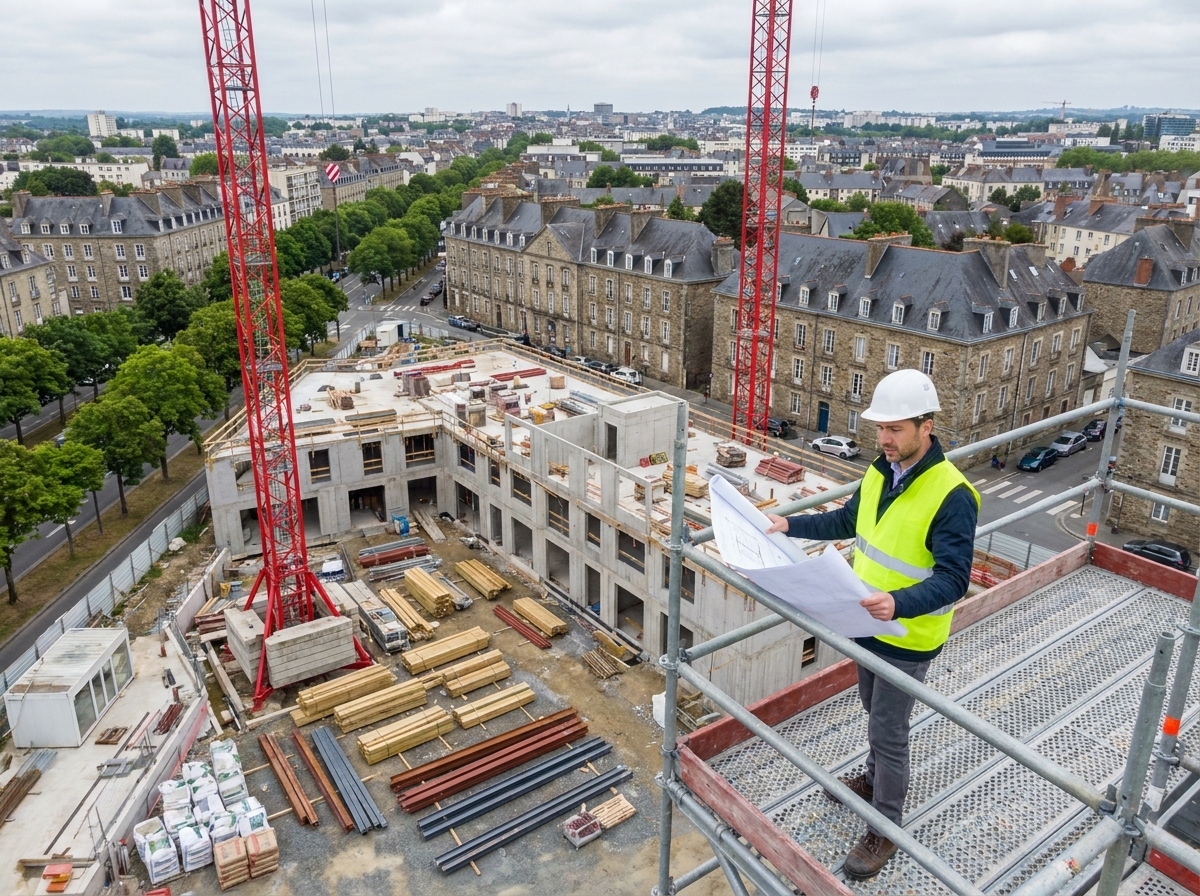 Chef de projet sur un chantier immobilier en cours à Rennes, vue urbaine de quartier en développement illustrant l'investissement locatif accompagné par Timo Conseil