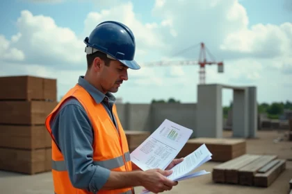 Chef de chantier analysant les indices BT01 et l'inflation des coûts de matériaux sur un site de construction