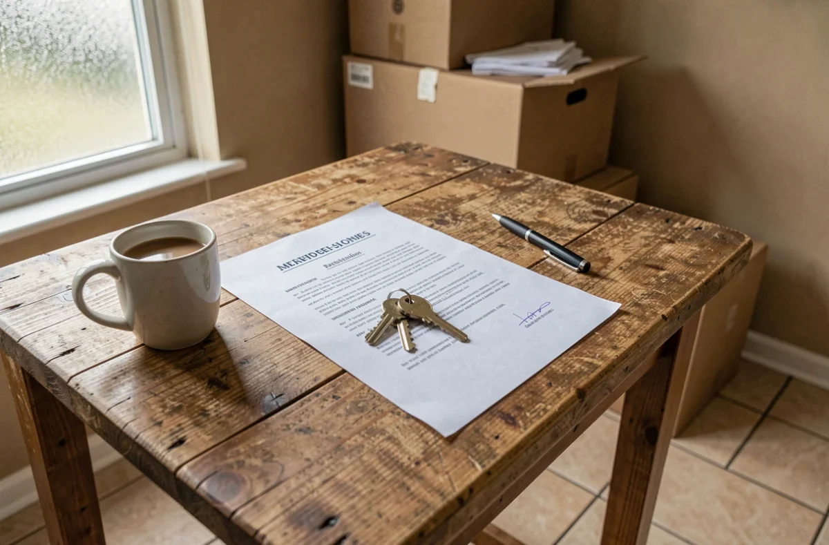 Clés de maison et documents de vente sur une table en bois lors d'une vente urgente pour divorce