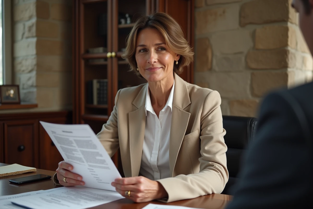 Cliente lisant attentivement une liste de documents notariaux dans une étude notariale de Limoges avec papiers officiels sur le bureau