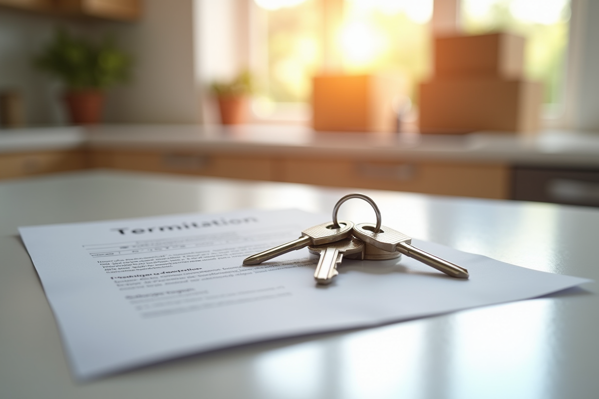 Clés d appartement et avis de résiliation sur un plan de cuisine