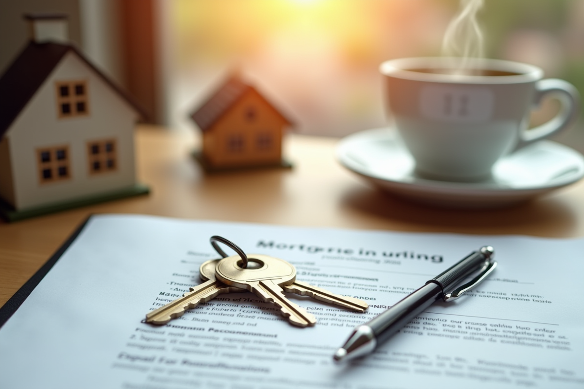 Jeu de clés de maison avec contrat et modèle de maison sur bureau
